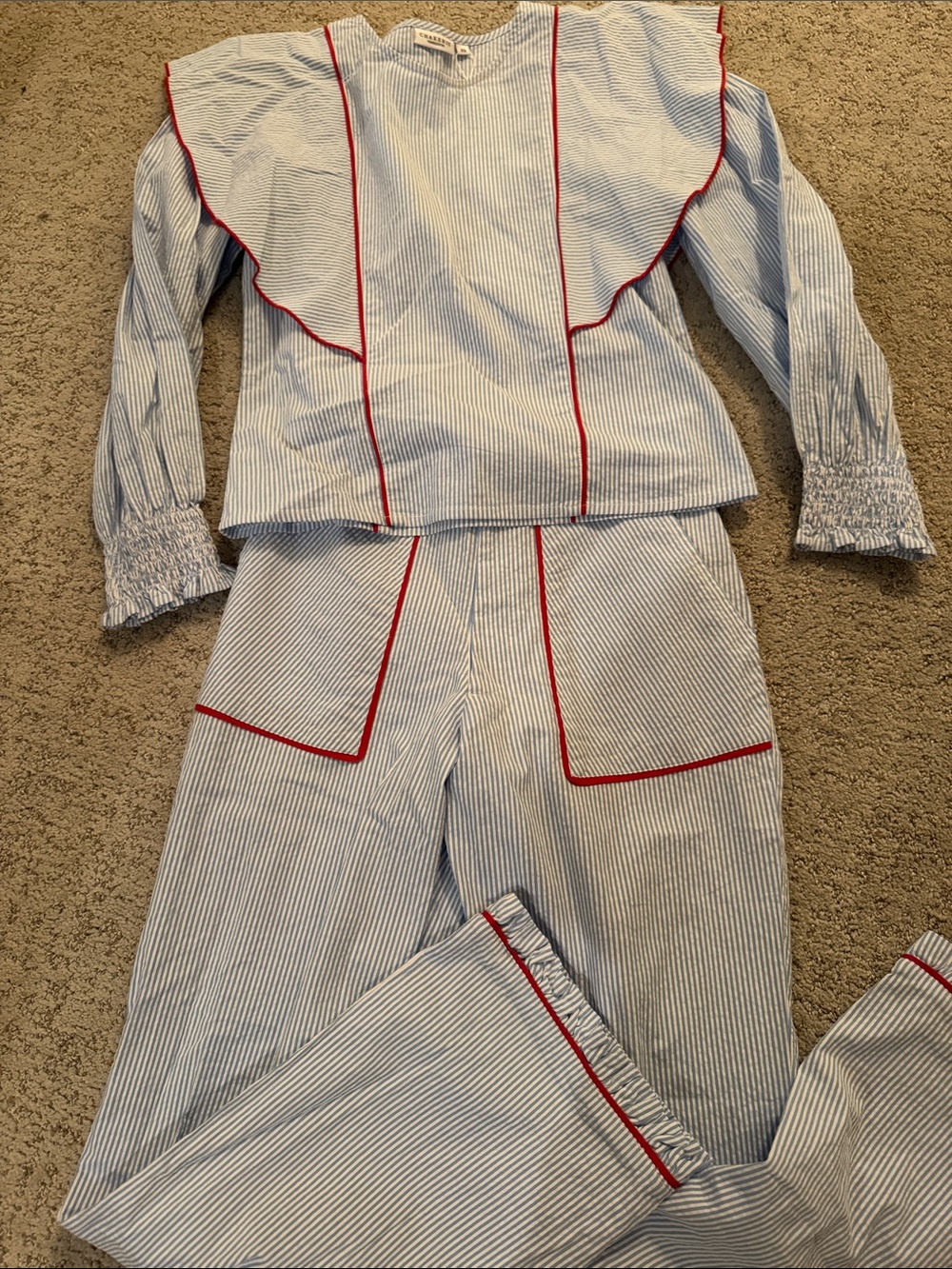Chakeris Charleston Blue Stripe Set with Red Trim
